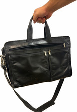 Black Leather Laptop Briefcase Shoulder Bag w/ Adjustable Strap, Partitions