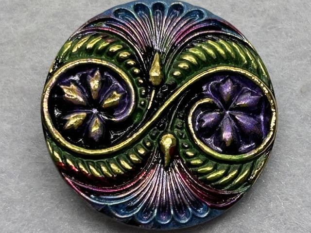 GORGEOUS LARGE RARE INTRICALL CUT COLORFUL BOHEMIAN GLASS BUTTON Gold Green Aqua