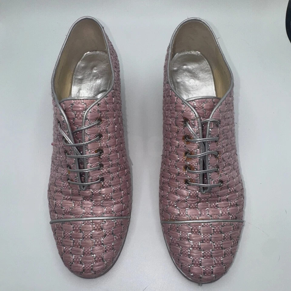 Chanel женщин Оксфорд 8.5D сплетенный розовый серебряный кубинский каблук шнурует вверх комфорт туфли - Изображение 4 из 4
