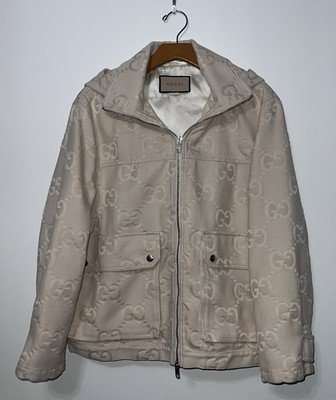 Gucci Beige GG Web Logo Cotton Canvas Hooded Jacket Small IT 40 Oversized