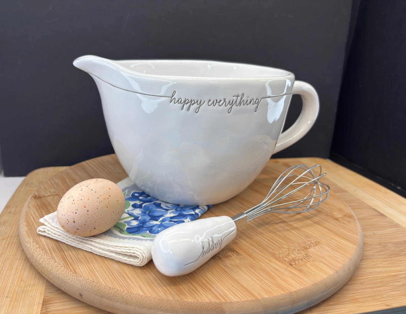 Mud Pie Happy Everything Ceramic Batter Bowl w Whisk White Mixing Bowl Farmhouse