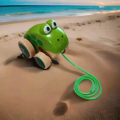 Hape: Pull Along Frog - Wooden Green Toy W/ Open & Close Mouth,1+