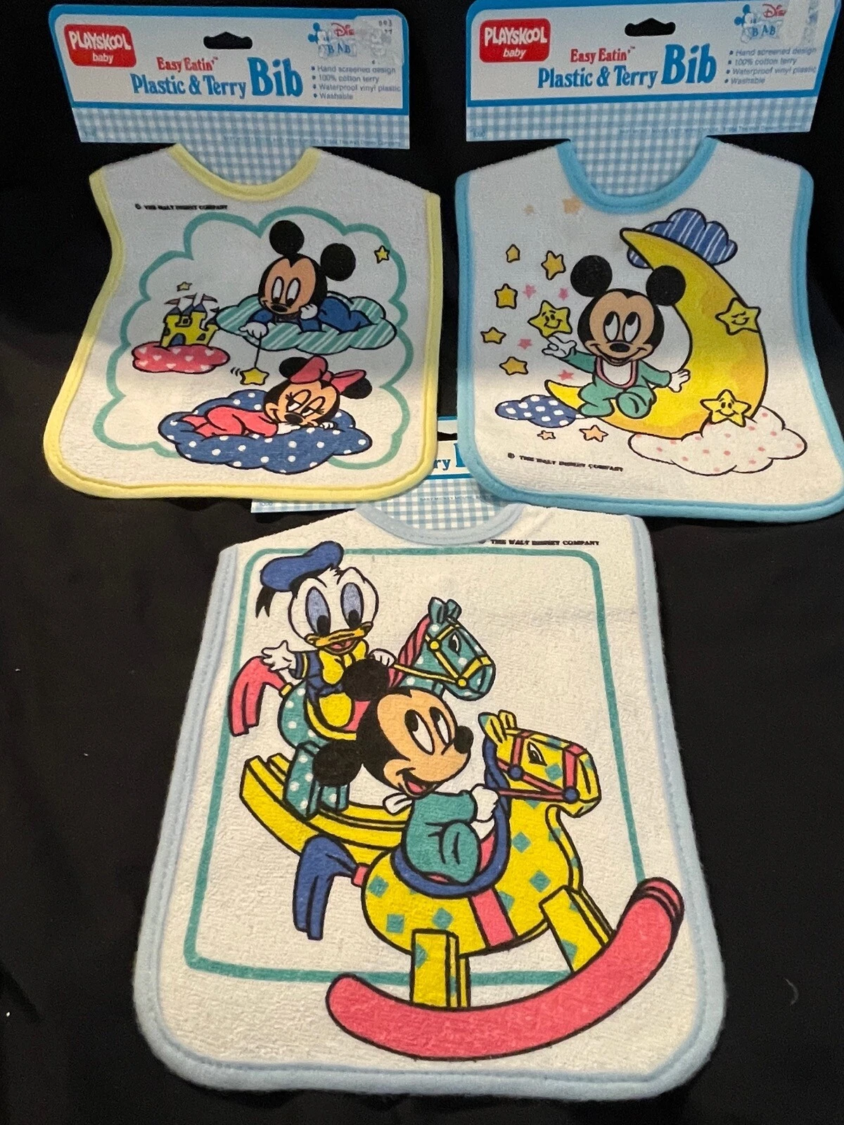 New Vintage Playskool Easy Eatin Plastic Terry Bib Lot Baby Disney Mickey Mouse