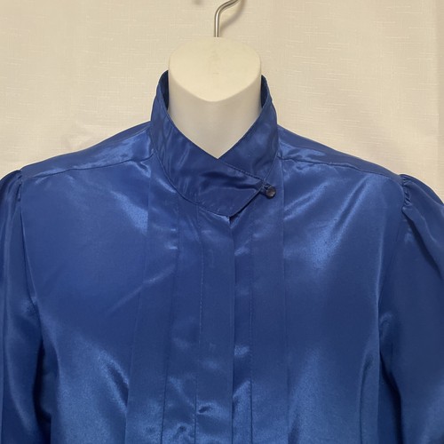 Royal Blue Vintage Laura Mae Satin Blouse Size 10 Puff Long Sleeve Needs Button - Picture 2 of 8