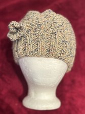 Adult Hand Knitted Hat Cloche Variegated Blue/Beige Flower One Size
