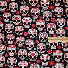 Black Day of the Dead Sugar Skulls Halloween Cotton Fabric 1/2 Yard  C4139