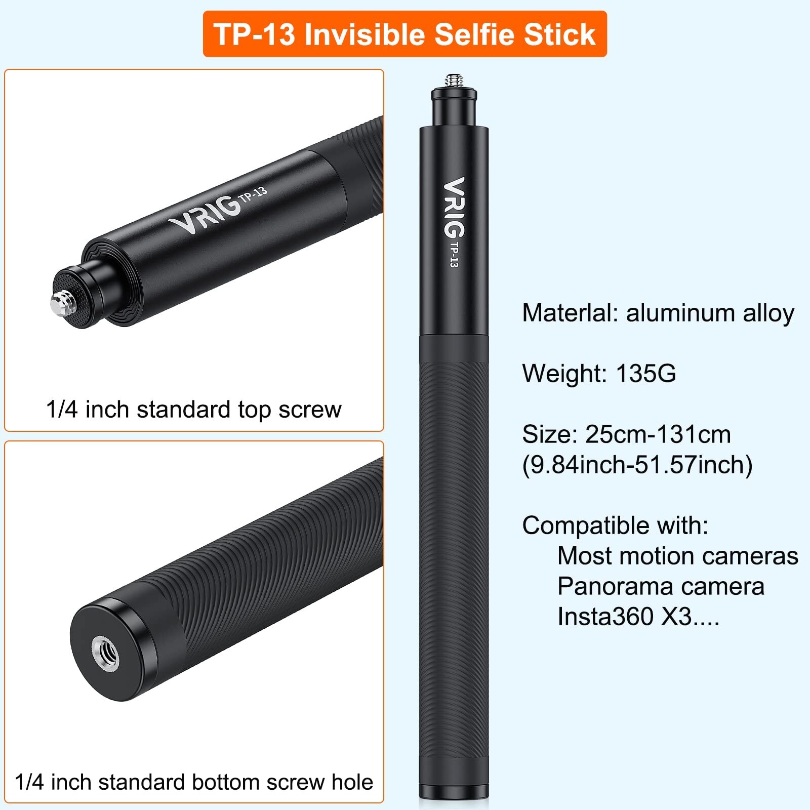 VRIG TP-13,131cm(51inch) Extension Selfie Stick for INSTA360 for GoPro 11 10 ...