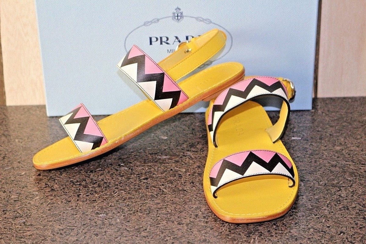 NIB Authentic PRADA BRIGHT PINK YELLOW STRAPPY BUCKLE SANDALS