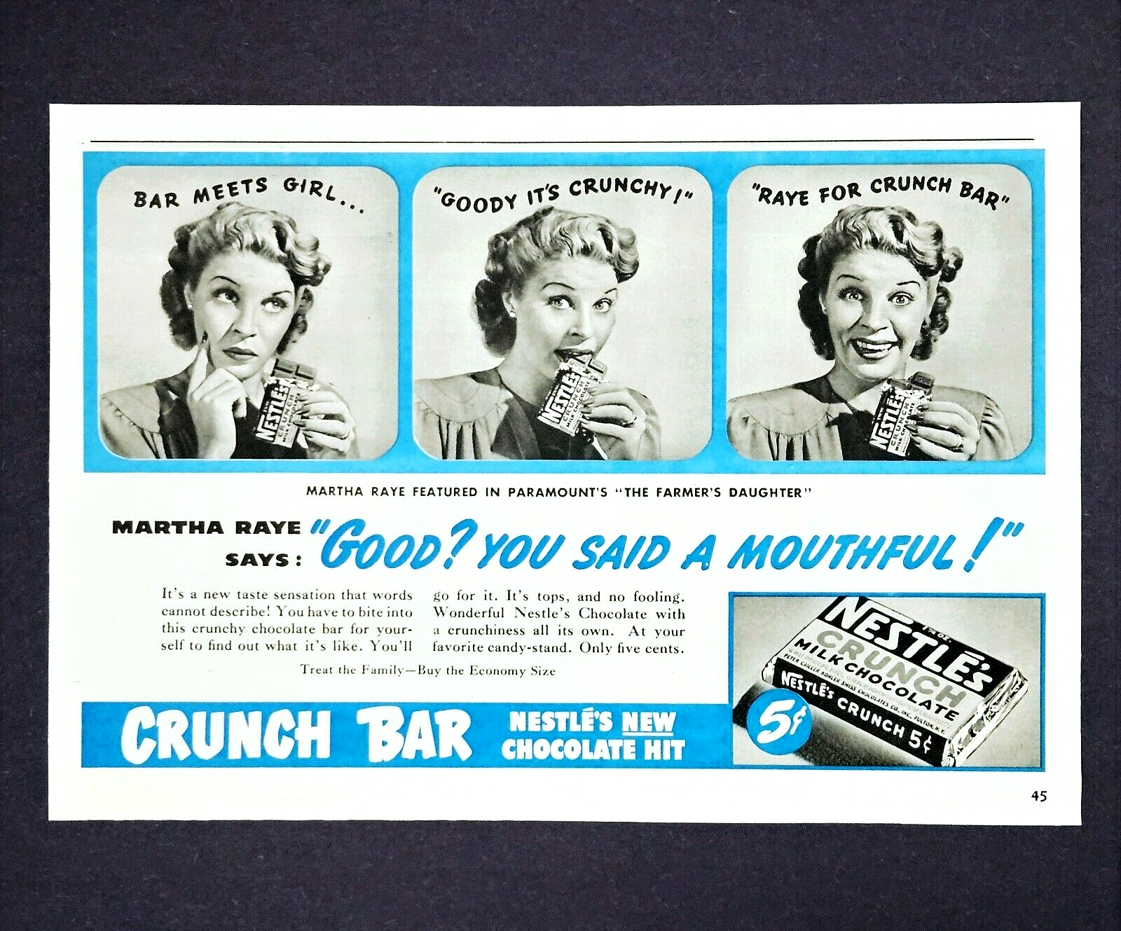 Vintage 1940 Nestle Crunch ad orignal candy bar half pg advertisement ...