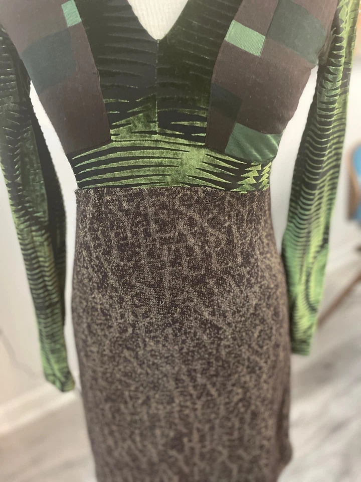 Vestido retro CUSTO Barcelona verde/marrón manga larga cuello en V, talla 3 Foto 3 de 4