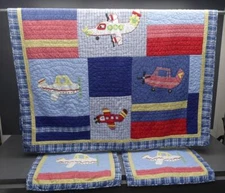 Company Store 3pc Twin Boy Cotton Quilt +  2 Sham Set Blue/Red/White Airplanes