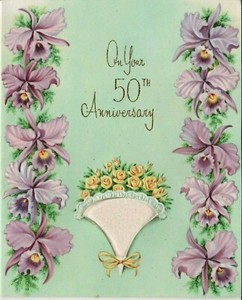 VINTAGE 1940'S EMBOSSED 50TH WEDDING ANNIVERSARY GREETING CARD UNUSED GLITTERED