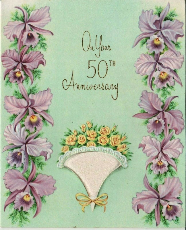 VINTAGE 1940'S EMBOSSED 50TH WEDDING ANNIVERSARY GREETING CARD UNUSED GLITTERED