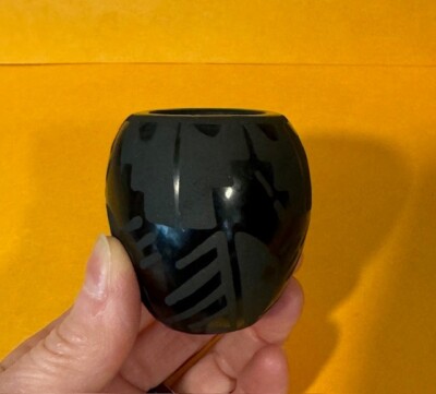 Santa Clara Pueblo Small Black Seed Pot Geometric Designs-Signed Penny Martinez