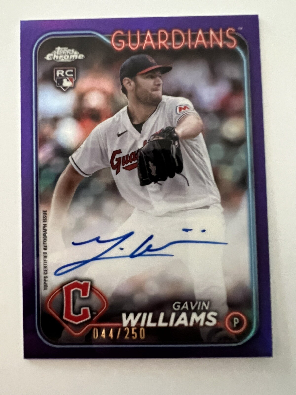 Gavin Williams 2024 Topps Chrome Rookie Autograph #RA-GW Purple Speckle /299 RC
