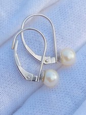 14K White Gold Cultured Pearl Studs on Leverback Earrings Signed 5 mm