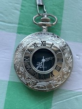 Silver Tone Black Dial Pocket Watch