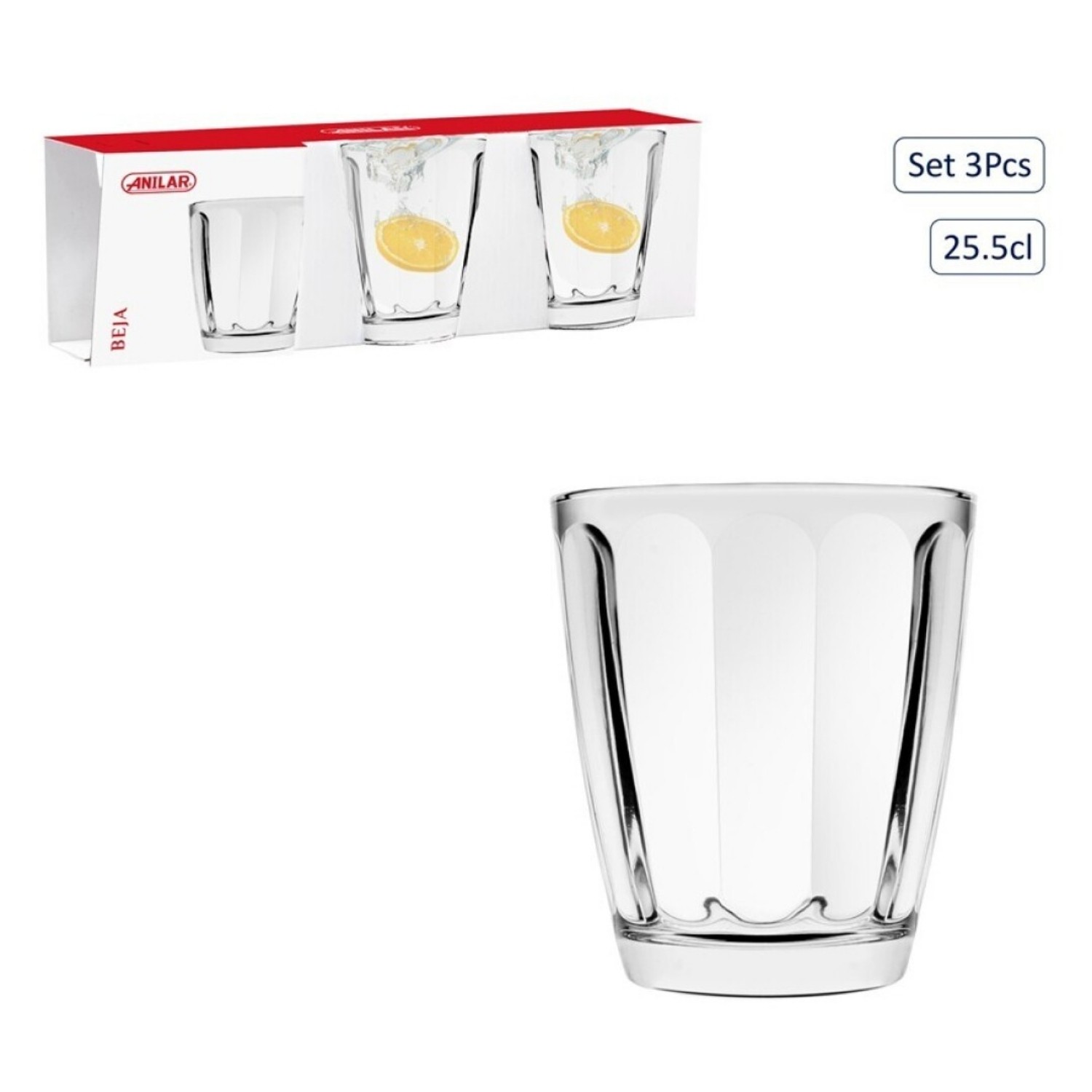 Tumbler Set of 3 Clear Glass Drinking Glasses 255ml Fluted Dishwasher Safe Drink