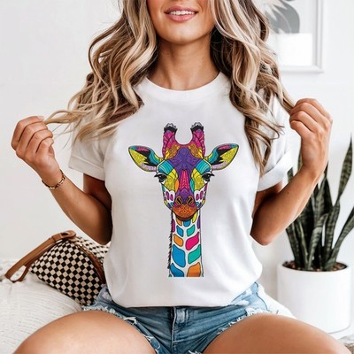 Buntes Giraffenmuster Damen T-Shirt Tier Grafik Tee Wildlife Art