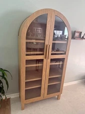 Luxury Arched Glass Display Cabinet Wood Storage Cabinet, Natural Oak Finish