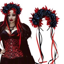 Floral Day of the Dead Mexican Black Rose Flower Crown Festival Headband Flor...