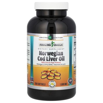 Amazing Omega, Norwegian Cod Liver Oil, Lemon, 1,000 mg, 250 Softgels