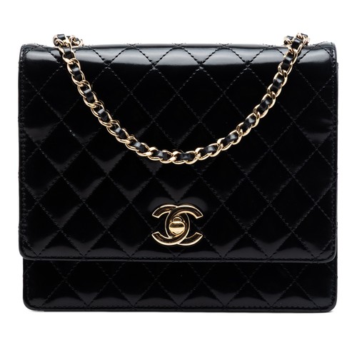 Chanel CC Quilted Patent Square Flap Pre-Loved Crossbody Bag Black