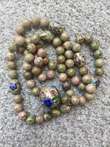 Vintage Beaded Unakite Champleve Cloisonné Necklace Enamel Floral Chinese