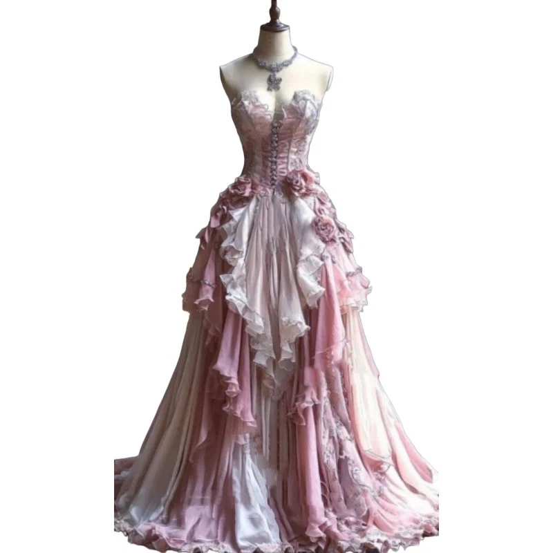 Vestidos de novia vintage rosa marfil sin tirantes de encaje flores con volantes en capas Foto 3 de 4