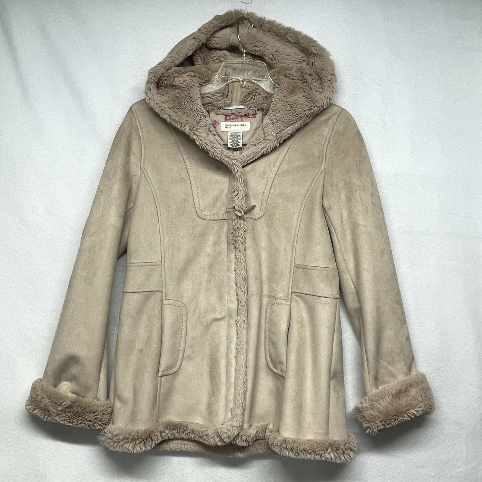 Jones New York Jacket Womens Medium Beige Faux Suede Sherpa Hooded Toggle Coat