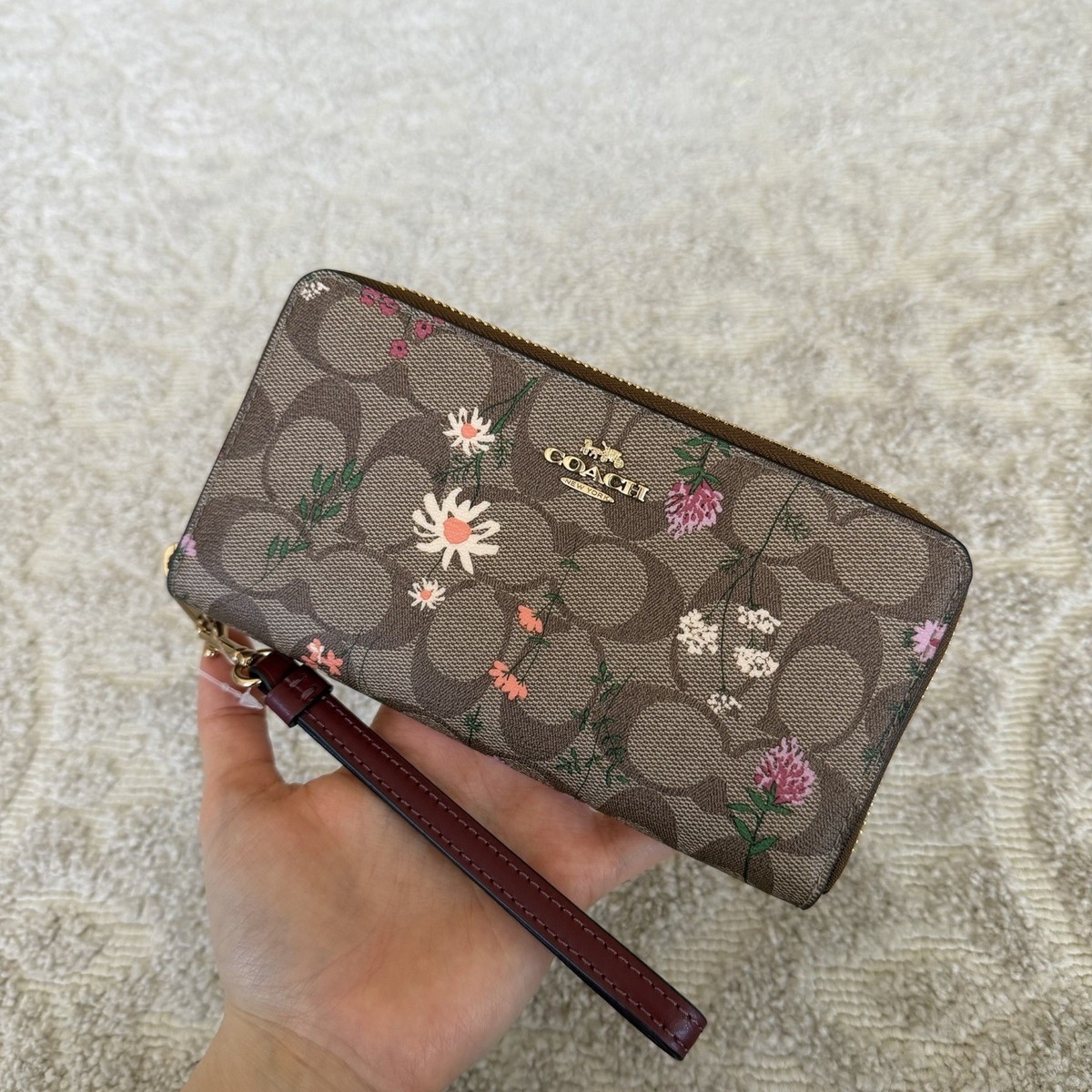 Coach Brown Wristlet Wallet in Signature Canvas With Flowers