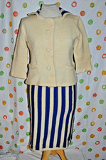 VINTAGE 1960'S S/M Blue STRIPE skirt  JACKIE O Ivory JACKET sweater OUTFIT CHIC