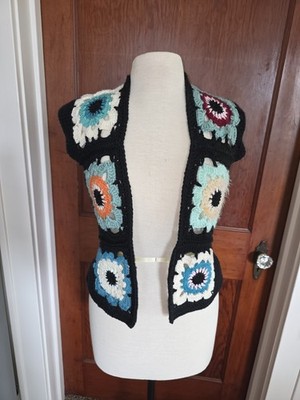 Handmade Black/Multicolor Crochet Granny Square Floral Acrylic vest XS/S