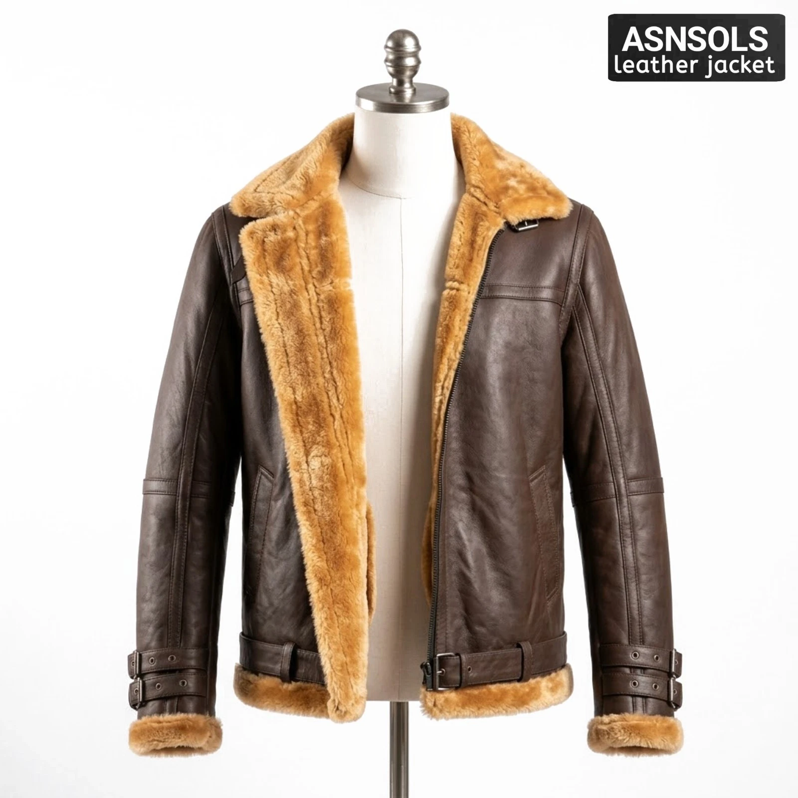 Men's Real Leather Bomber Jacket Brown Shearling Fur Winter Aviator Flight Coat image 3