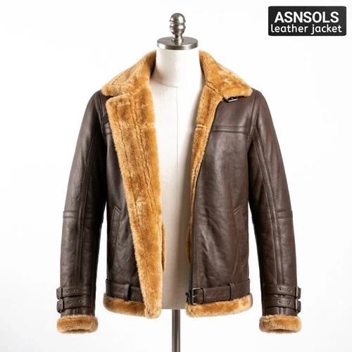 Men's Real Leather Bomber Jacket Brown Shearling Fur Winter Aviator Flight Coat image 3