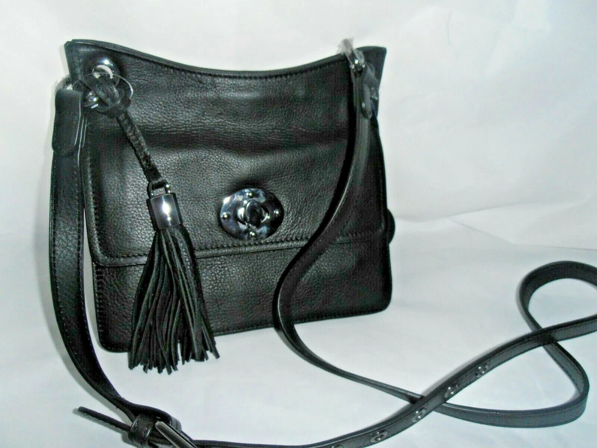 Rachel Roy black genuine leather black trim largeTassel cross body purse bag New