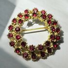 Vintage Small Round Brooch Pin 2 Rows Gold Tone Ruby Red Rhinestones Costume