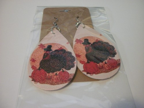 THANKSGIVING BROWN TURKEY WITH HAT DOUBLE SIDED FISHHOOK STYLE EARRINGS