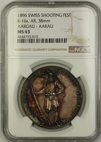 1896 Aargau-Aarau Switzerland Silver Swiss Shooting Fest Medal R-16a NGC MS-63