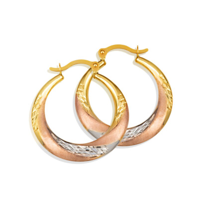 14K Reversible Tri Tone Diamond Cut Striped Hoop Earrings
