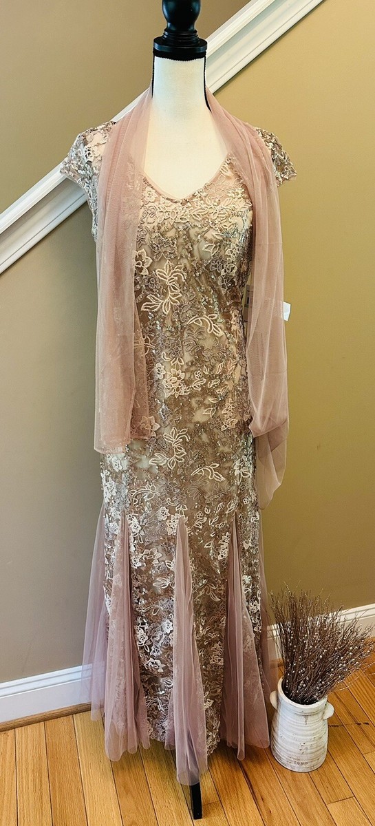 alex evenings rose gold dress Women's Long V Neck Fit and Flare glod Sz#8P NWT occ:Vacation