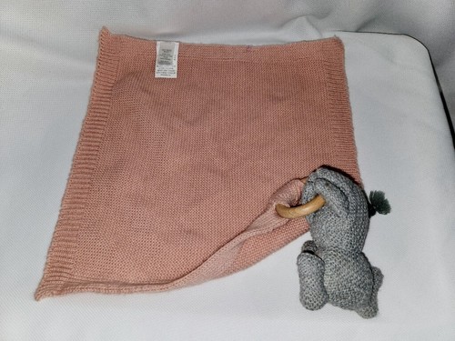 Modern Baby Pink Elephant Rattle Teething toy Lovey Security Blanket Peach Knit - Picture 9 of 9