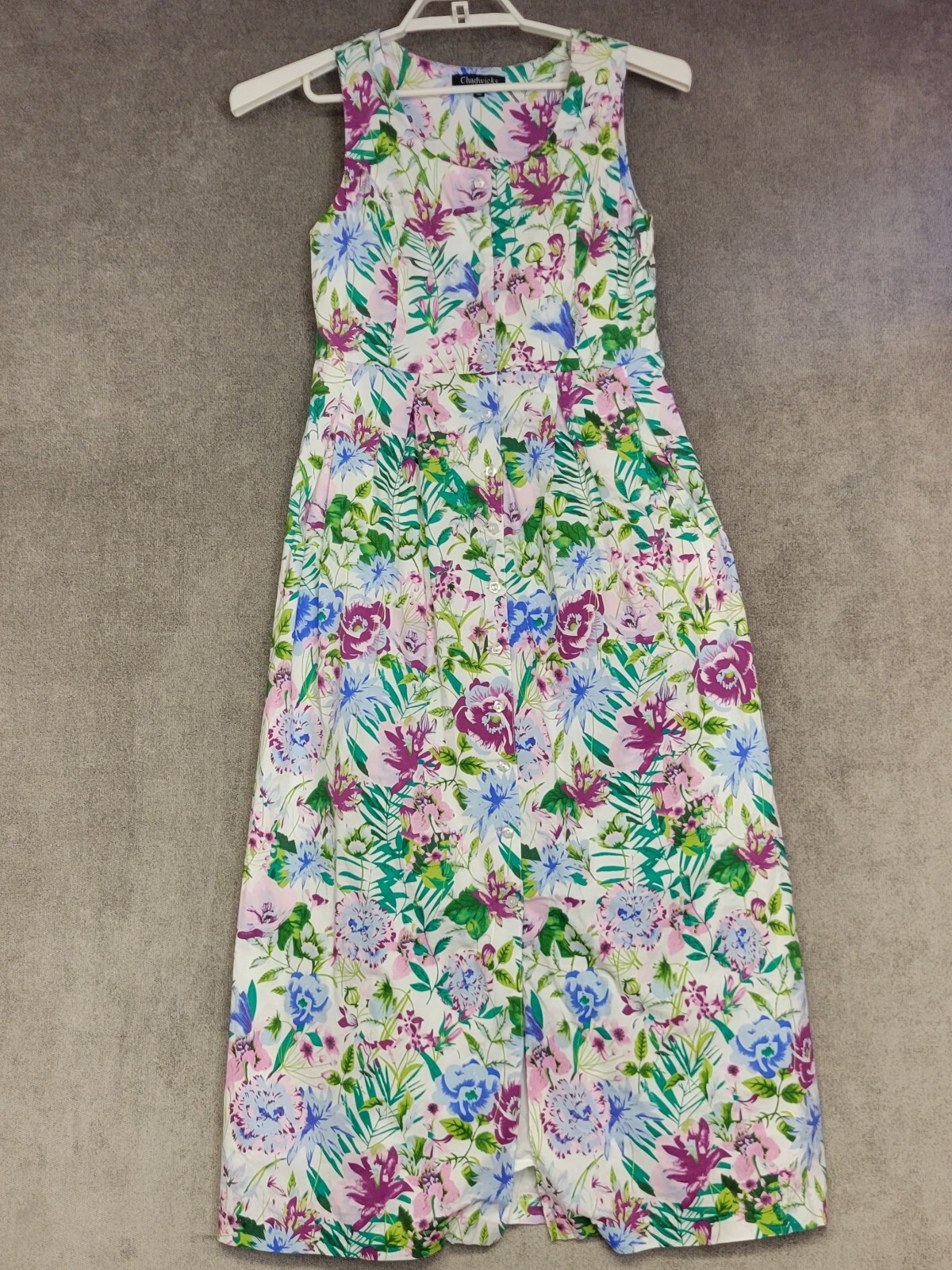 Chadwicks Maxi Dress Womens 4 White Blue Purple Floral Button Front Sleeveless-image