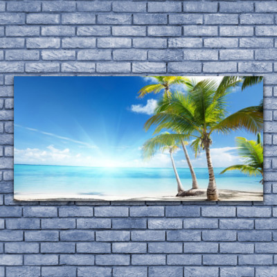 Tableau illustré de palmiers au bord d'une plage
