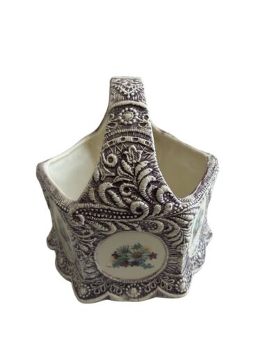 Cesta grande vintage de cerámica para plantas con asa blanca púrpura pintada a mano floral - Imagen 2 de 7