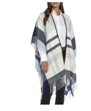 Banana Republic Wrap Kimono Blanket Soft Cashmere Blend Plaid Blue Fringe New