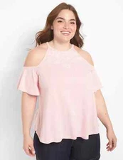 LANE BRYANT SHORT FLUTTER SLEEVE COLD SHOULDER PINK SHIRT NEW  22/24
