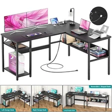 L-Shaped Gaming Desk with Outlets, Reversible Computer Desk with Storage Shelves