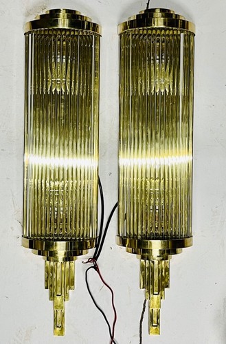Large Mid Century 1920’s Art Deco Brass & Glass Rod Wall Light Fixture Lot of 2 - Picture 3 of 10