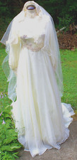 Vtg 80s Ivory Wedding Dress Veil Hi Neck Bead Sheer Cuffed Train Victorian Goth
